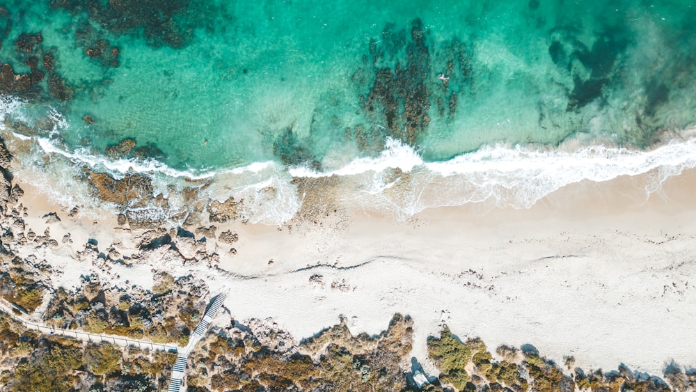 an aerial view of a beach and ocean