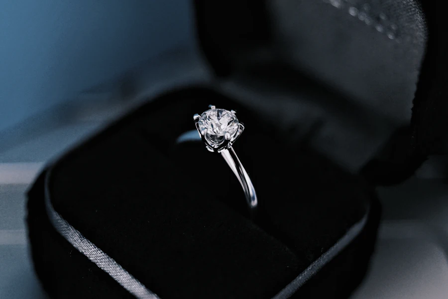 A solitaire diamond ring presented in a black ring box