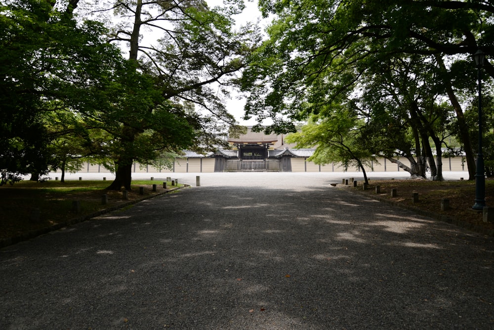 an empty road with benches in the middle of it