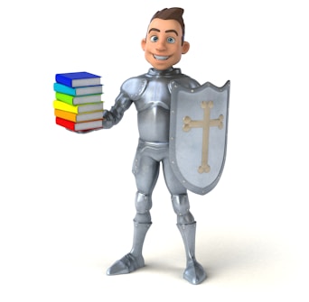 A cartoon knight in shiny silver armor is holding a stack of colorful books in one hand and a shield in the other. The shield features a decorative cross. The knight has a friendly, smiling expression and short brown hair, standing on a plain white background.
