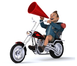 A cartoon character rides a chopper-style motorcycle while holding a red megaphone. The character is animated with an excited expression, wearing a blue jacket and a backpack. The motorcycle features shiny chrome parts and has red and black flames on its body.