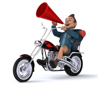 A cartoon character rides a chopper-style motorcycle while holding a red megaphone. The character is animated with an excited expression, wearing a blue jacket and a backpack. The motorcycle features shiny chrome parts and has red and black flames on its body.