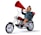 A cartoon character rides a chopper-style motorcycle while holding a red megaphone. The character is animated with an excited expression, wearing a blue jacket and a backpack. The motorcycle features shiny chrome parts and has red and black flames on its body.
