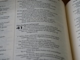 An open book displaying text with bold headings and numbered sections. The highlighted section is chapter 41 titled 'The helper of Israel', and a verse talks about renewing strength and soaring on wings.