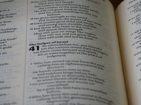 An open book displaying text with bold headings and numbered sections. The highlighted section is chapter 41 titled 'The helper of Israel', and a verse talks about renewing strength and soaring on wings.