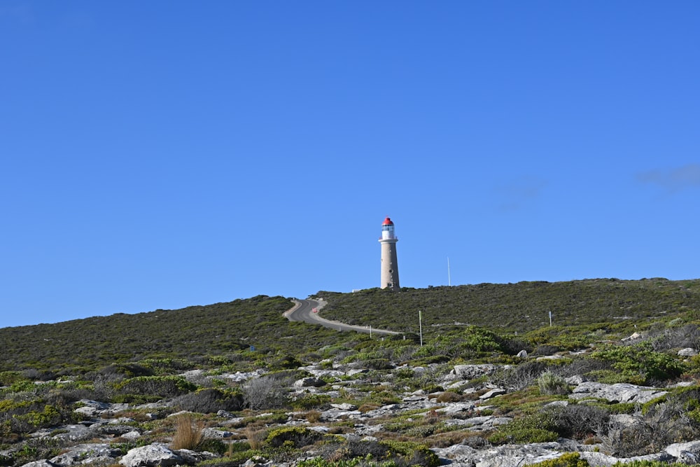 a lighthouse on top of a hill on a sunny day