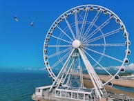 A large Ferris wheel is situated near a beach, with a view of the ocean in the background. Two people are zip lining in the sky, adding a sense of adventure to the scene. The sky is clear and blue, and the beach has patches of greenery with people visible along the shoreline.