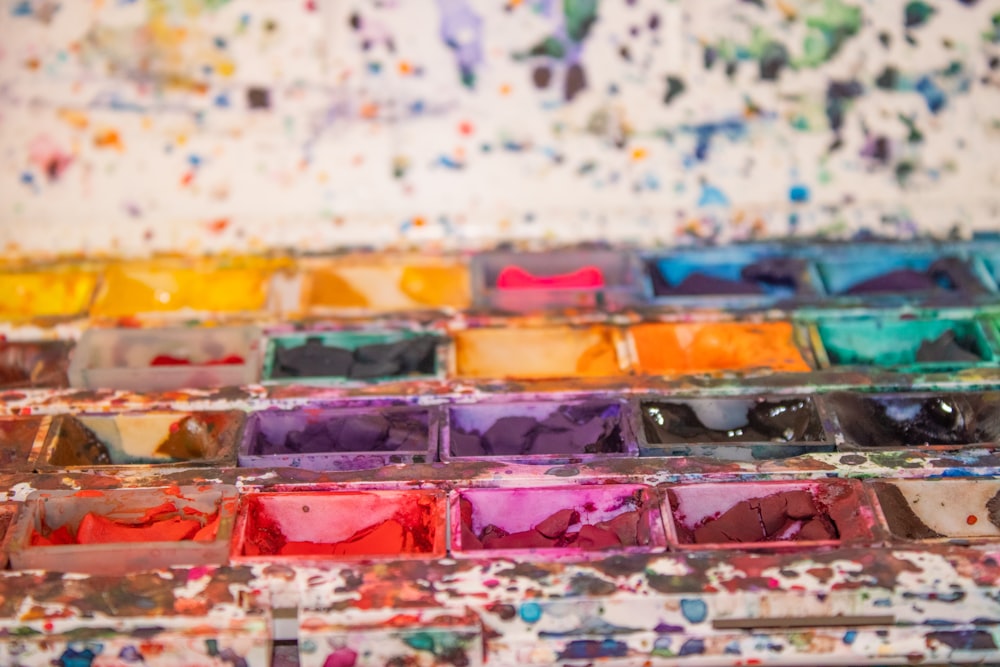 a close up of a palette of paint