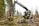 A modern forestry machine with a long articulated arm is actively cutting and processing trees in a forested area. It has large, robust wheels adapted for rough terrain and is surrounded by felled trees and fresh logs.