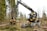 A modern forestry machine with a long articulated arm is actively cutting and processing trees in a forested area. It has large, robust wheels adapted for rough terrain and is surrounded by felled trees and fresh logs.