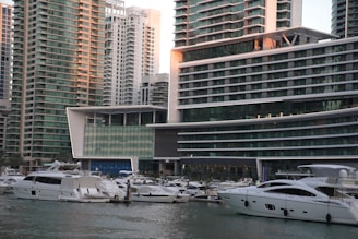 A marina filled with numerous white yachts and boats docked on calm water in front of modern high-rise buildings. The buildings feature a sleek, contemporary design with large glass windows and multiple balconies. The area appears to be a bustling urban setting with a focus on luxury and waterfront living.