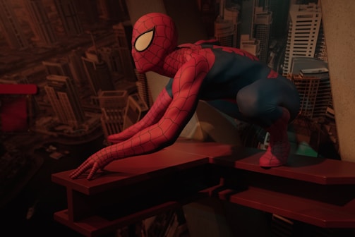 Superglue-Man striking a heroic pose on a city rooftop at sunset.