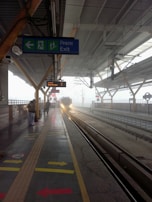 A train station platform with a train approaching on the tracks. There are a few people standing on the platform, and various signs including an exit sign in multiple languages. The platform has directional arrows on the ground, and the scene is enveloped in a misty atmosphere.