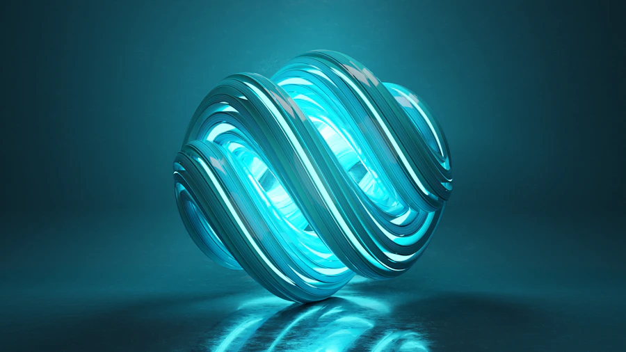Translucent blue glass orb surrounded by orbiting rings