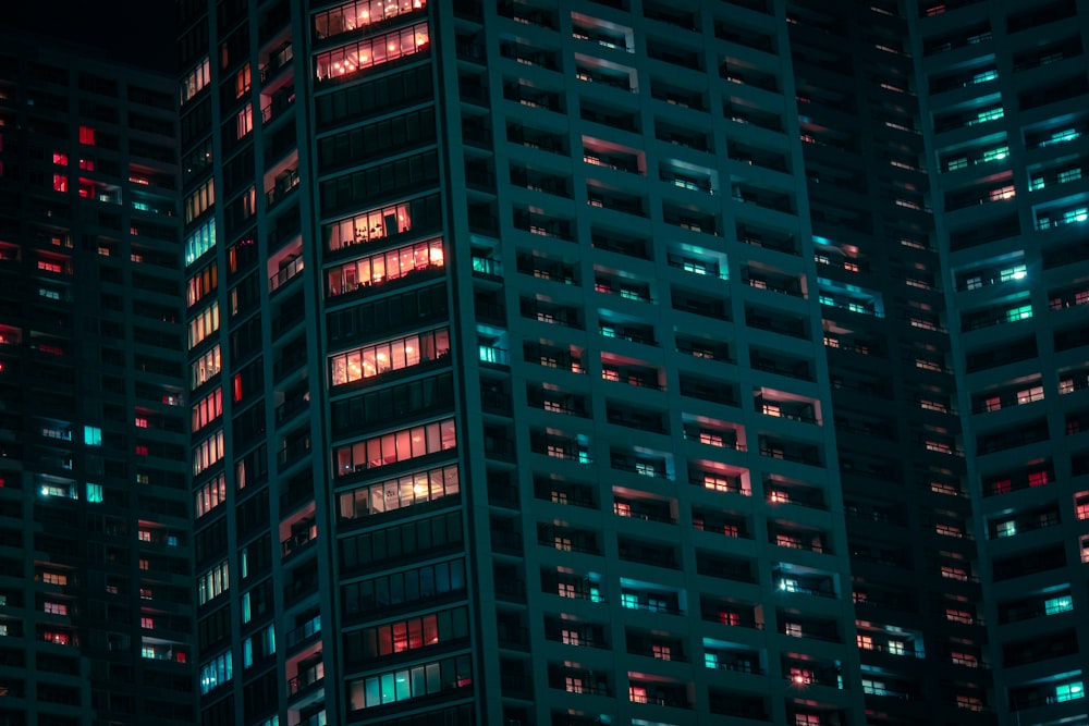 a very tall building lit up at night