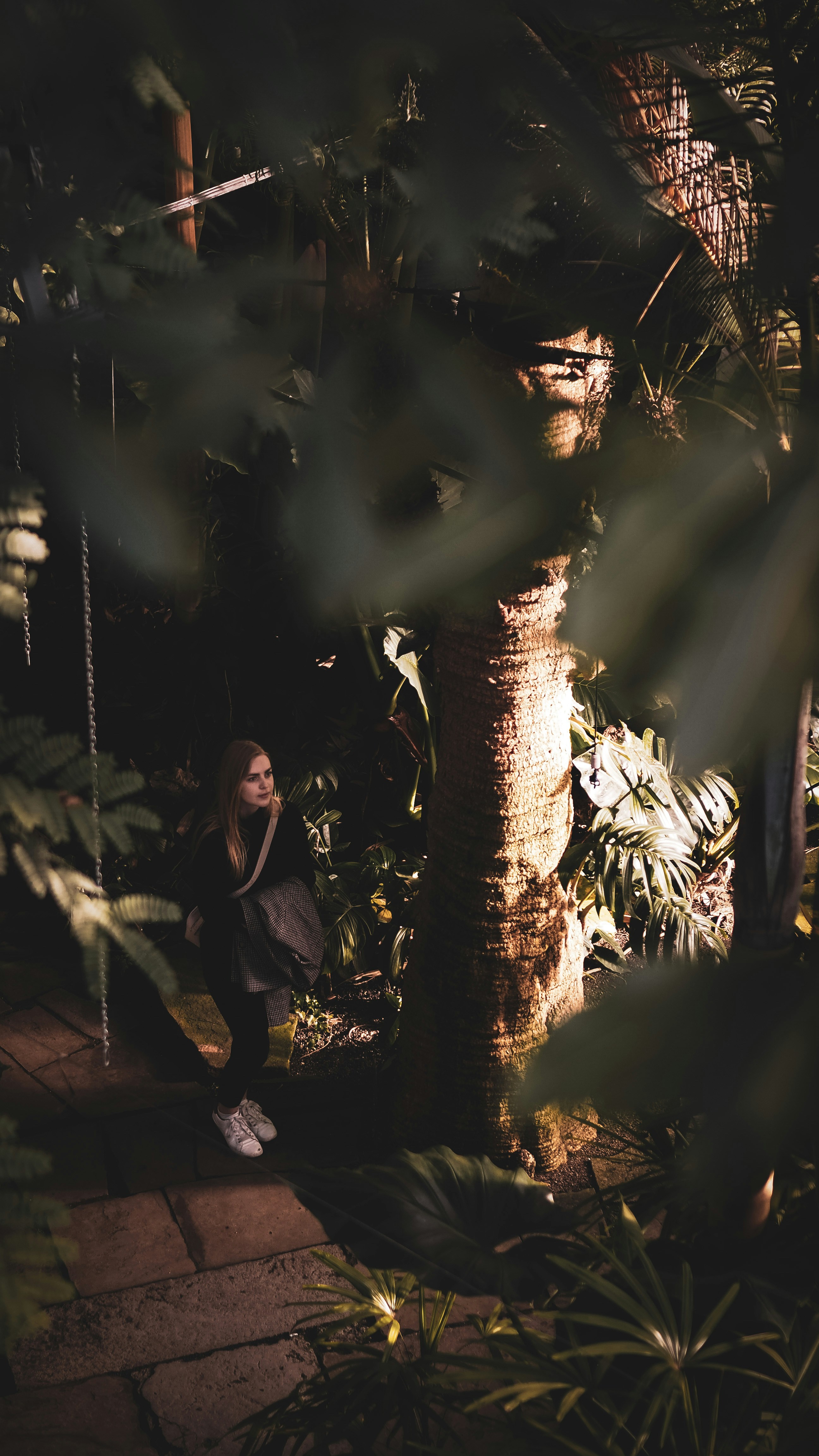 a woman sitting on a bench next to a palm tree