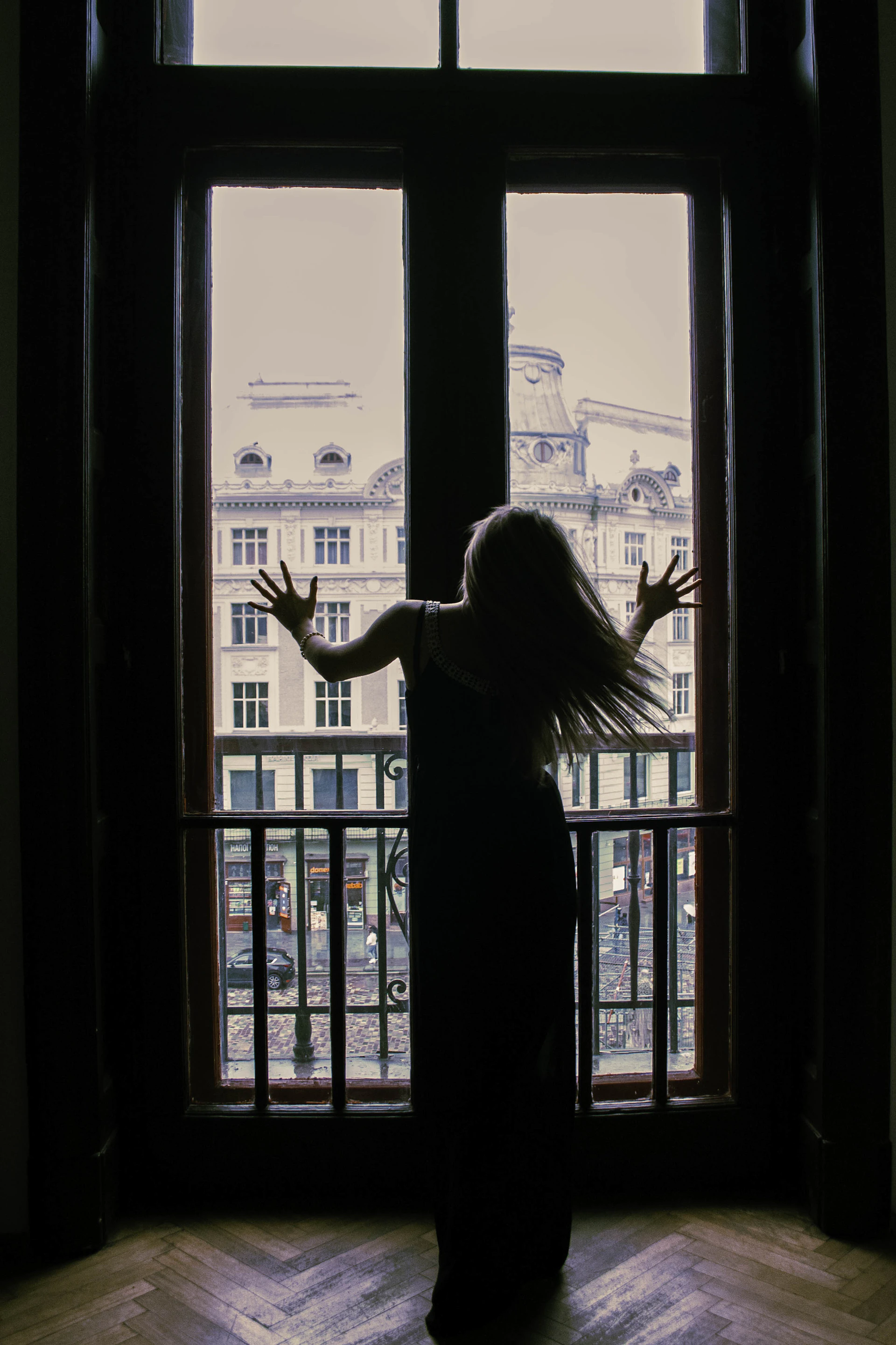 An elegant silhouette of a woman standing by a window, the city skyline blurred behind her, evoking a sense of allure and sophistication.