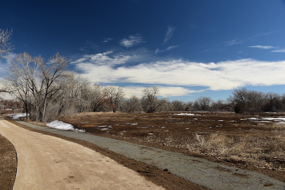 a dirt road in the middle of a field