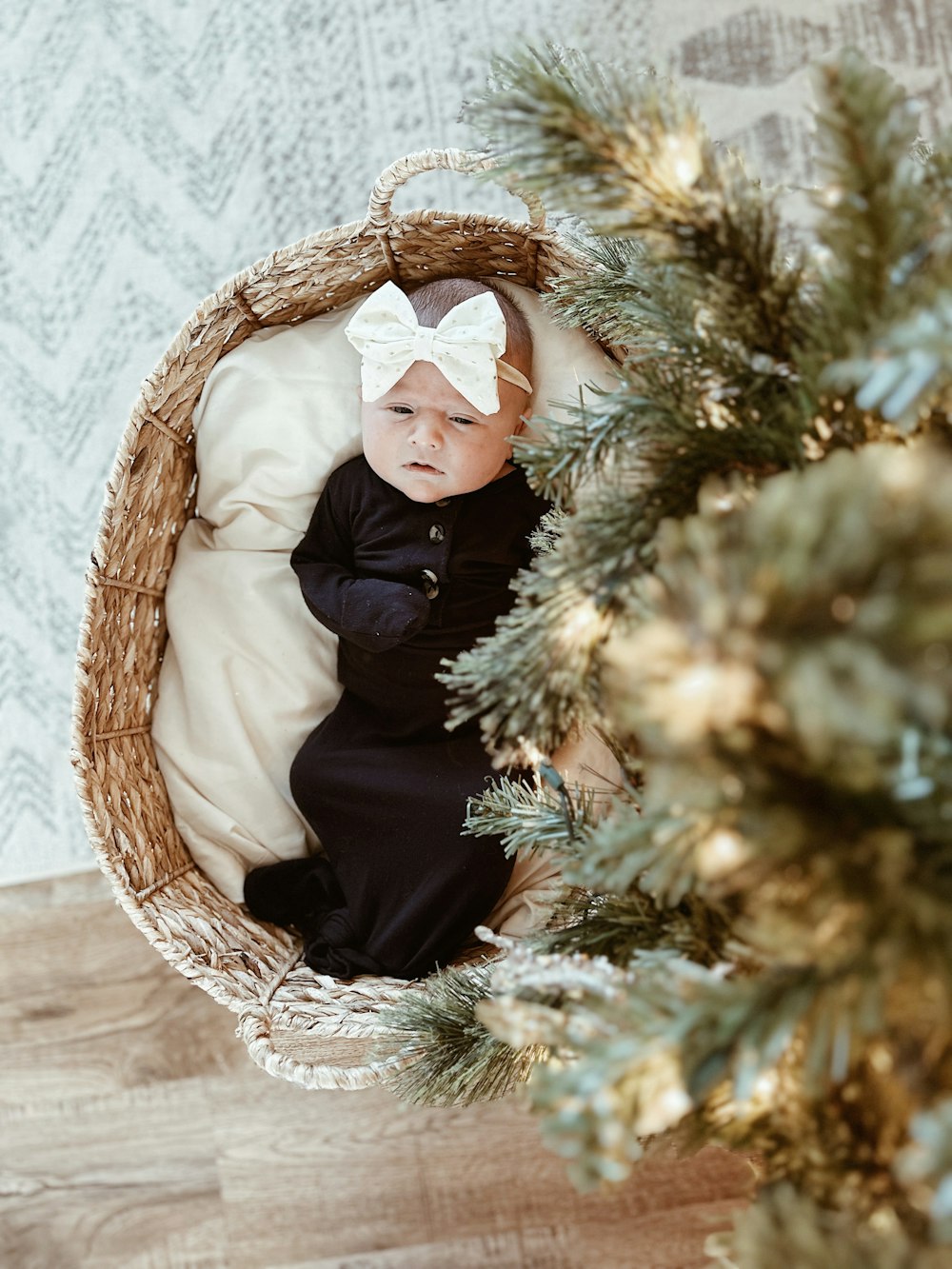 a baby in a basket next to a christmas tree