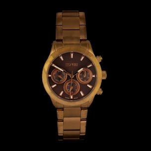 A luxurious gold wristwatch featuring a brown dial with three subdials and a gold metal bracelet. The watch has a sophisticated design with gold accents on the dial and three small control buttons on the side.