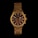 A luxurious gold wristwatch featuring a brown dial with three subdials and a gold metal bracelet. The watch has a sophisticated design with gold accents on the dial and three small control buttons on the side.