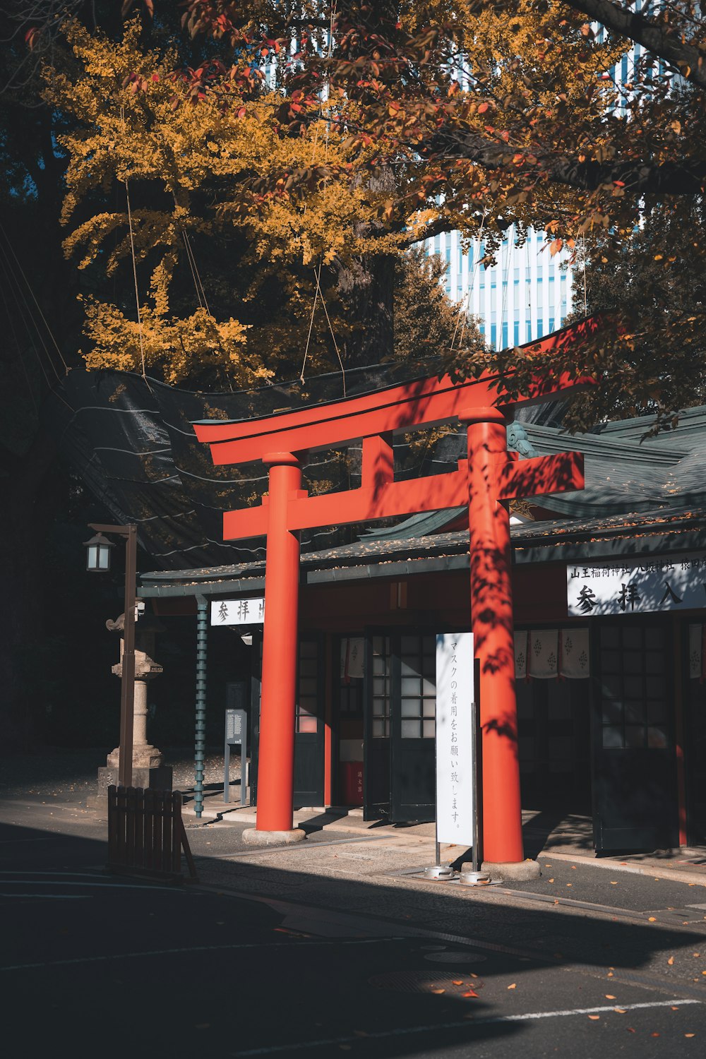 a tall red building sitting next to a tree