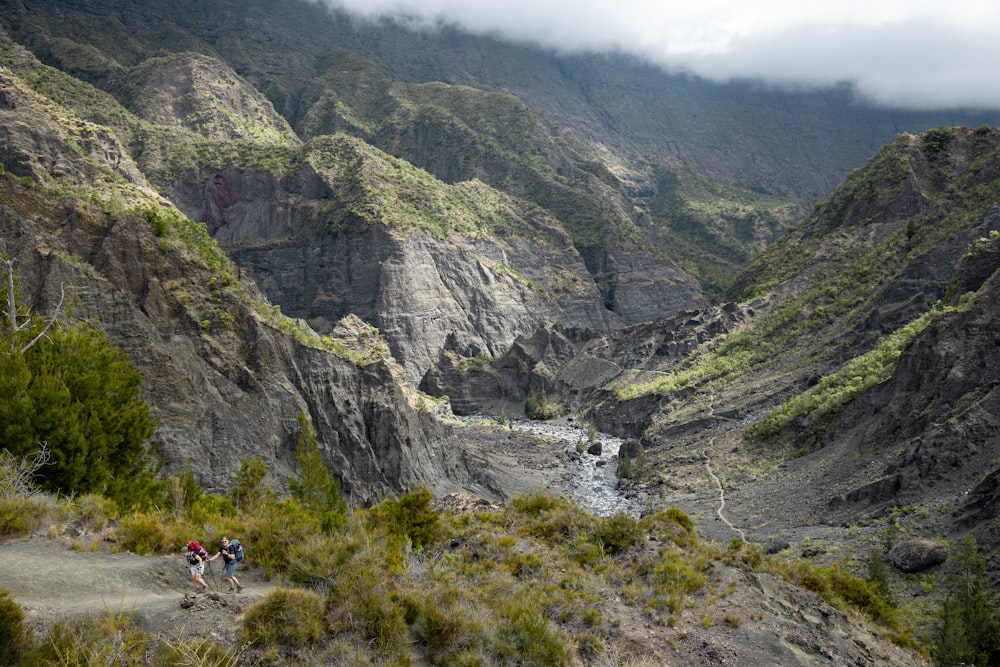 a group of people hiking up a mountain side