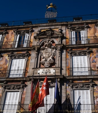 The image features an ornate building facade with detailed classical architecture, including decorative carvings and symmetrical window placements. Bright murals depicting human figures adorn the structure. A sign labeled 'Plaza Mayor' is positioned prominently, accompanied by several colorful flags below. The sky is a clear blue, providing a vibrant backdrop.
