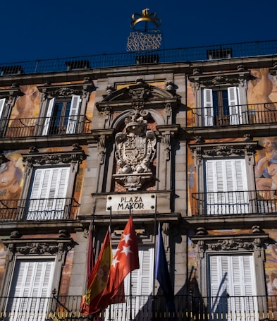 The image features an ornate building facade with detailed classical architecture, including decorative carvings and symmetrical window placements. Bright murals depicting human figures adorn the structure. A sign labeled 'Plaza Mayor' is positioned prominently, accompanied by several colorful flags below. The sky is a clear blue, providing a vibrant backdrop.