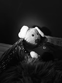 A plush toy resembling a dog with floppy ears is nestled in a basket. The basket is lined with soft fur-like material, and the image is captured in black and white, highlighting textures and shadows.