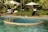 A serene outdoor pool with a circular jacuzzi section surrounded by green foliage and palm trees. There are white lounge chairs and umbrellas on the pool deck, and a pathway lined with manicured bushes.