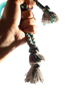 A hand firmly grips a braided rope with tasseled ends. The rope is a mix of turquoise and beige colors, and the light highlights the texture and fibers.