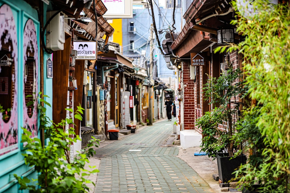 a narrow street with a brick walkway between two buildings