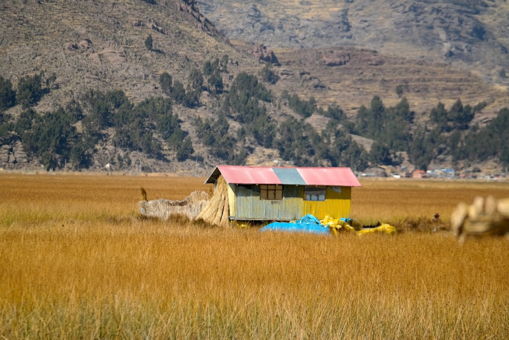 a shack in a field with mountains in the background