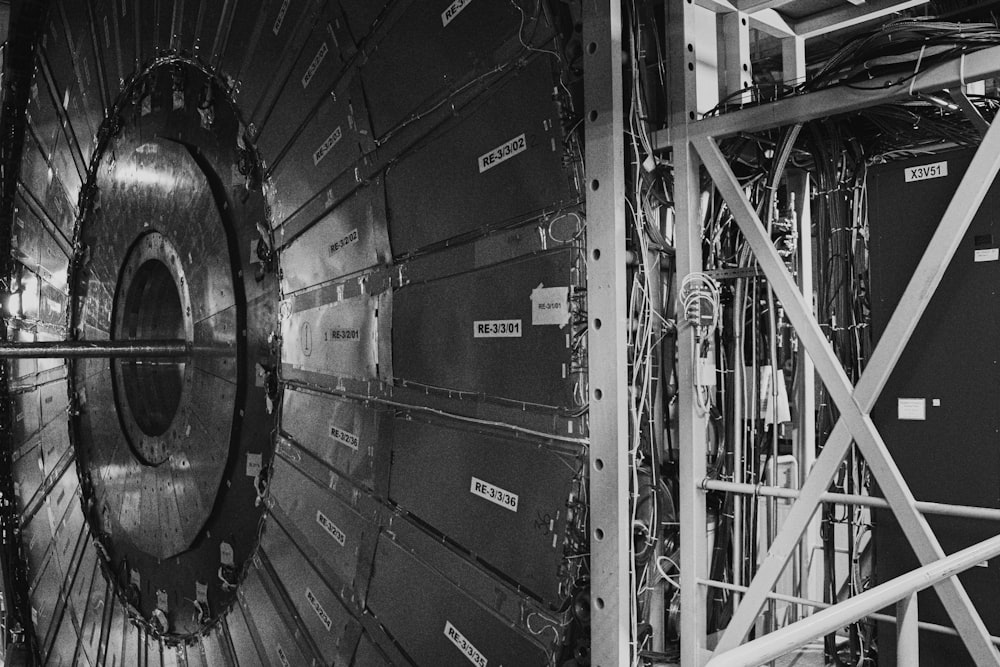 the inside of a large metal structure with metal bars