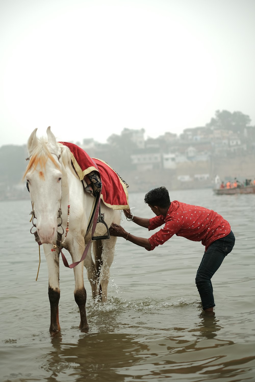 a man standing next to a white horse in a body of water