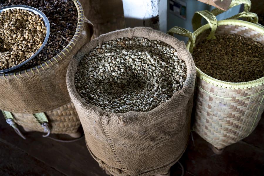 Green coffee beans stored in burlap sacks before roasting