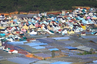 A vibrant town with a cluster of colorful houses, featuring a variety of architectural styles and hues. In the foreground are numerous greenhouses, with a forested area in the background.