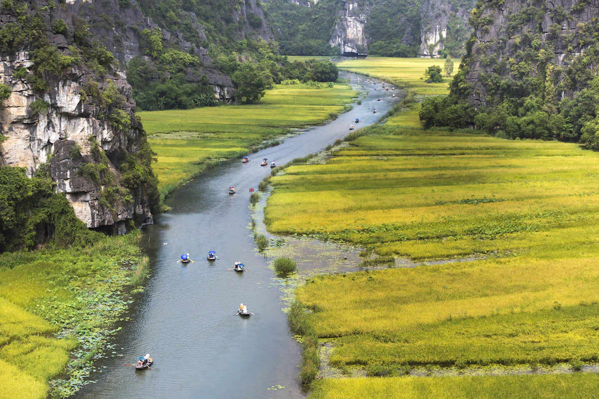 Scenic river valley and limestone karsts in Ninh Binh Vietnam