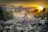 A person dressed in a purple garment with a yellow headscarf is standing in the middle of a flock of sheep on a dirt path. They are holding a lamb in their arms. The surrounding area is lush with greenery, and the background features a stunning sunset with golden, orange, and purple hues. Dust is rising from the ground, adding a mystical atmosphere to the scene.