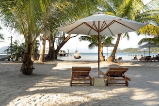 Two wooden lounge chairs with white cushions sit under a large beach umbrella on a sandy beach. Palm trees surround the area, and a serene ocean stretches out into the distance. A hanging chair and more lounge chairs with umbrellas are visible in the background, with people relaxing by the water.