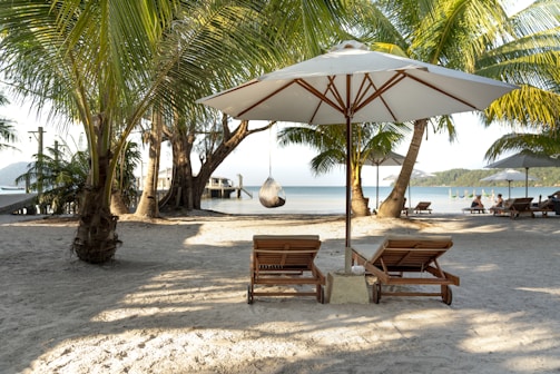 Two wooden lounge chairs with white cushions sit under a large beach umbrella on a sandy beach. Palm trees surround the area, and a serene ocean stretches out into the distance. A hanging chair and more lounge chairs with umbrellas are visible in the background, with people relaxing by the water.