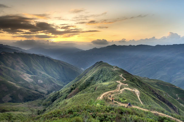 Sunset view over the Carpathian Mountains with a winding trail below.
