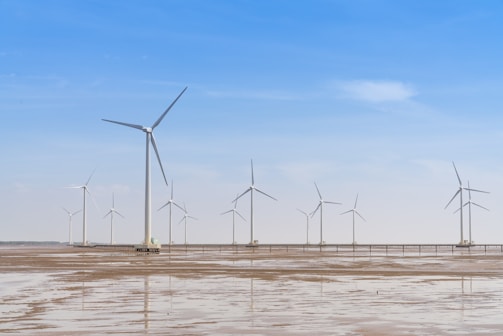 Numerous wind turbines are installed in a wide expanse of flat, barren land under a bright blue sky. The turbines are spread out evenly, with some facing slightly different directions. The ground below appears wet, possibly from recent rainfall or being part of a tidal flat.