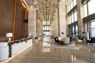 a hotel lobby decorated for the holidays