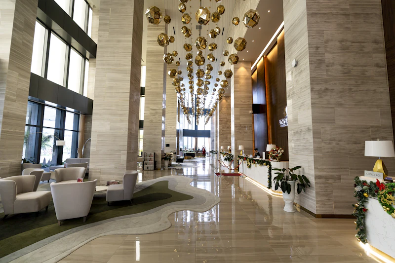 Hotel lobby with chandelier