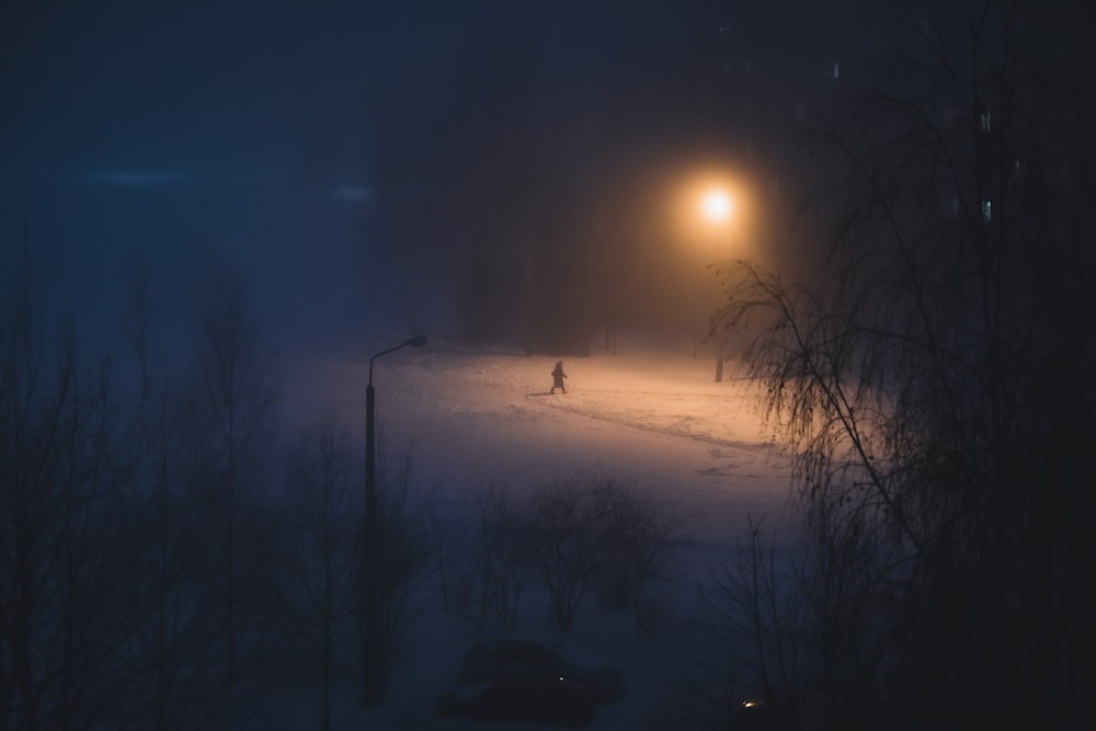 a person walking in the snow at night