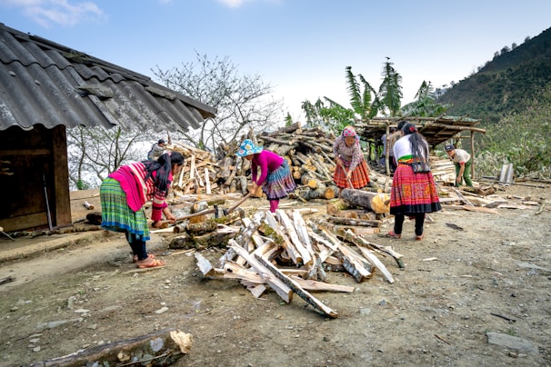 A group of people wearing vibrant, traditional clothing are chopping wood outdoors. Piles of chopped wood are scattered around as they work together near a simple structure with a corrugated metal roof. The background features a mountainous landscape with sparse vegetation and banana trees.