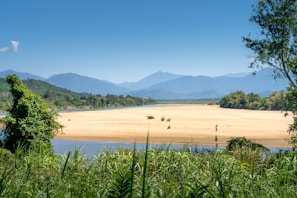 Natural landscape featuring the tranquil banks of the Ganges with mountains in the background.