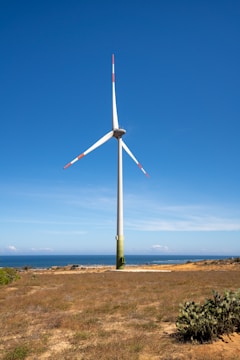 A large wind turbine with three blades stands prominently on a grassy landscape under a clear blue sky. In the background, the ocean is visible, contributing to the serene setting. The turbine’s blades have red markings at the tips, and the structure's base is green.